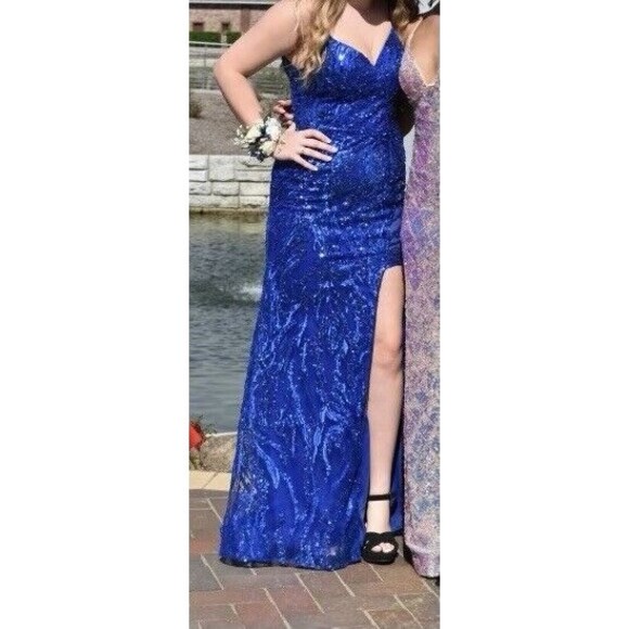 Blue Sequin Prom Formal Dress Full Length Women's Small/6 Dancing Queen - Picture 9 of 9